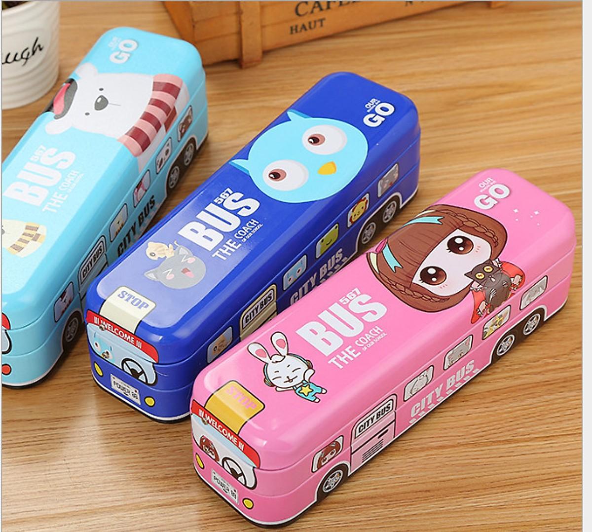 [HCM]Hộp Đựng Bút Kim Loại Hình Xe Bus Có Dây Cót Vừa Chơi Vừa Học