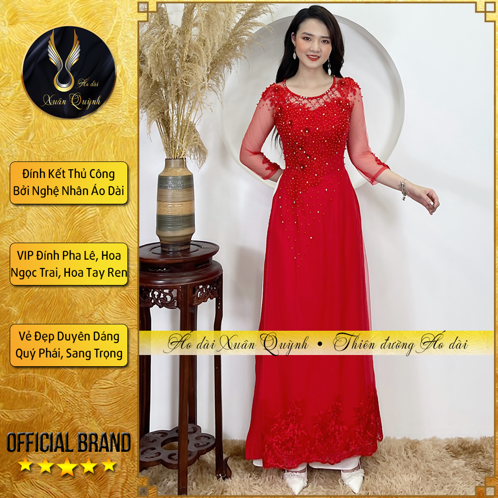  Áo Dài Mẹ - Sui Gia Đám Cưới Đám Hỏi 4 Tà Đính Kết Đá Ngọc Trai Hoa Thêu Thủ Công Đỏ Tươi - Áo Dài Xuân Quỳnh 