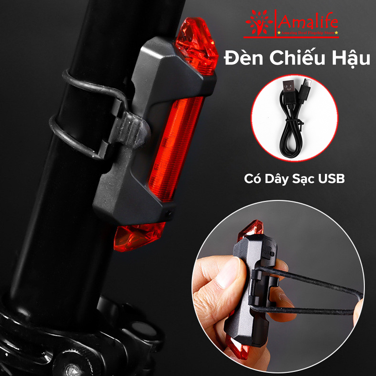 Đèn xe đạp hậu led có pin sạc usb, đèn hậu xe đạp thể thao gắn sau cảnh báo an toàn phản quang nhấp nháy 4 chế độ sáng 5 bóng led