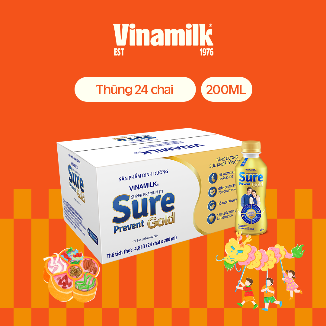 Thùng 24 chai Sữa bột pha sẵn cho người lớn tuổi Vinamilk Sure Prevent Gold 200ml - Sữa nước bổ sung dinh dưỡng và tăng cường sức khỏe