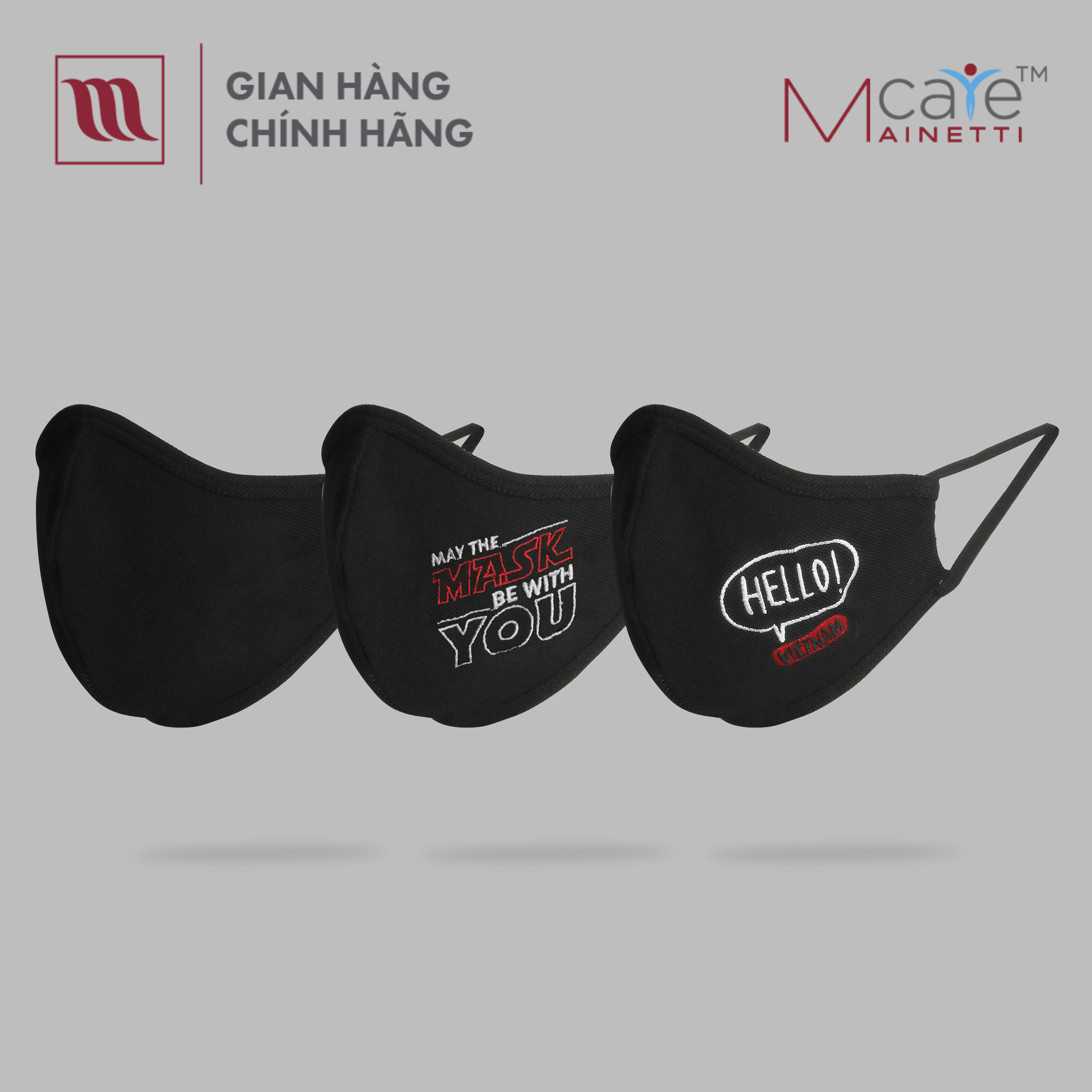 (SIZE L) Combo 3 Khẩu trang vải kháng khuẩn chính hãng MainettiCare, màu đen, mềm mại, thoải mái, cản giọt bắn