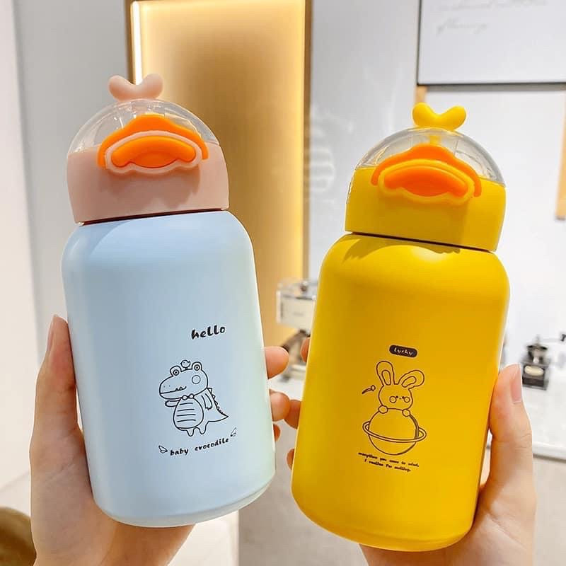 Bình giữ nhiệt vịt vàng 400ml, ruột inox an toàn có ống hút -bình giữ nhiệt 400ml hình vịt inox 304 -bình đựng nước, đựng sữa 450ml hình vịt siêu cute