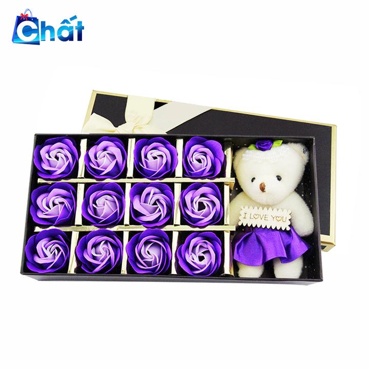 Quà 08/03 – hộp quà 12 hoa hồng sáp kèm gấu bông sweet love