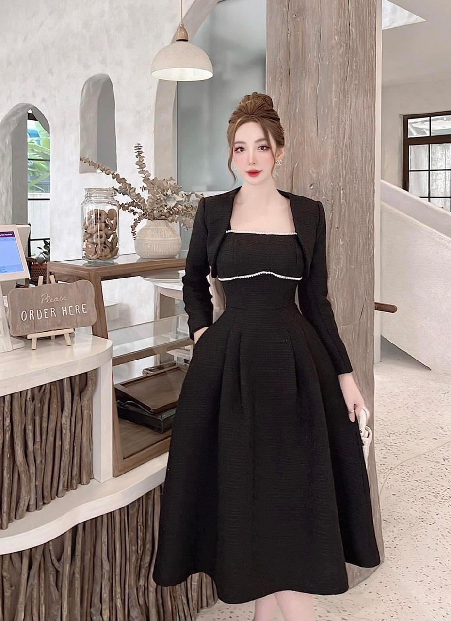 Sale khủng cuối năm - đầm kèm khoác gân lendy đầm hai dây ôm eo cúp ngực mix áo khoác cực sang chảnh cuốn hút đi chơi dự tiệc up shop hhp