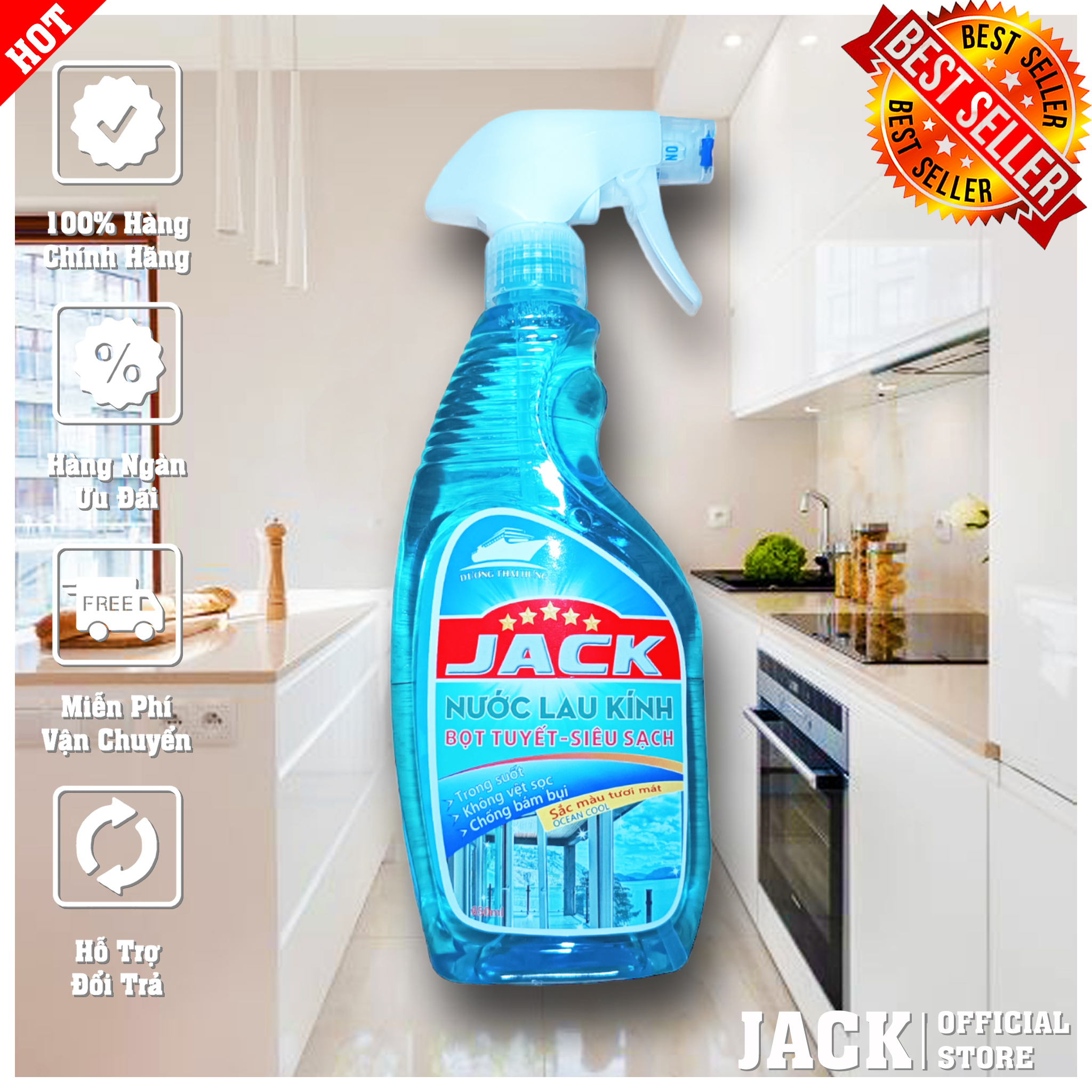 Nước Lau Kính, Xịt Kính Chuyên Dụng, Siêu Bọt, Cao Cấp, Siêu Sạch Jack 650ml