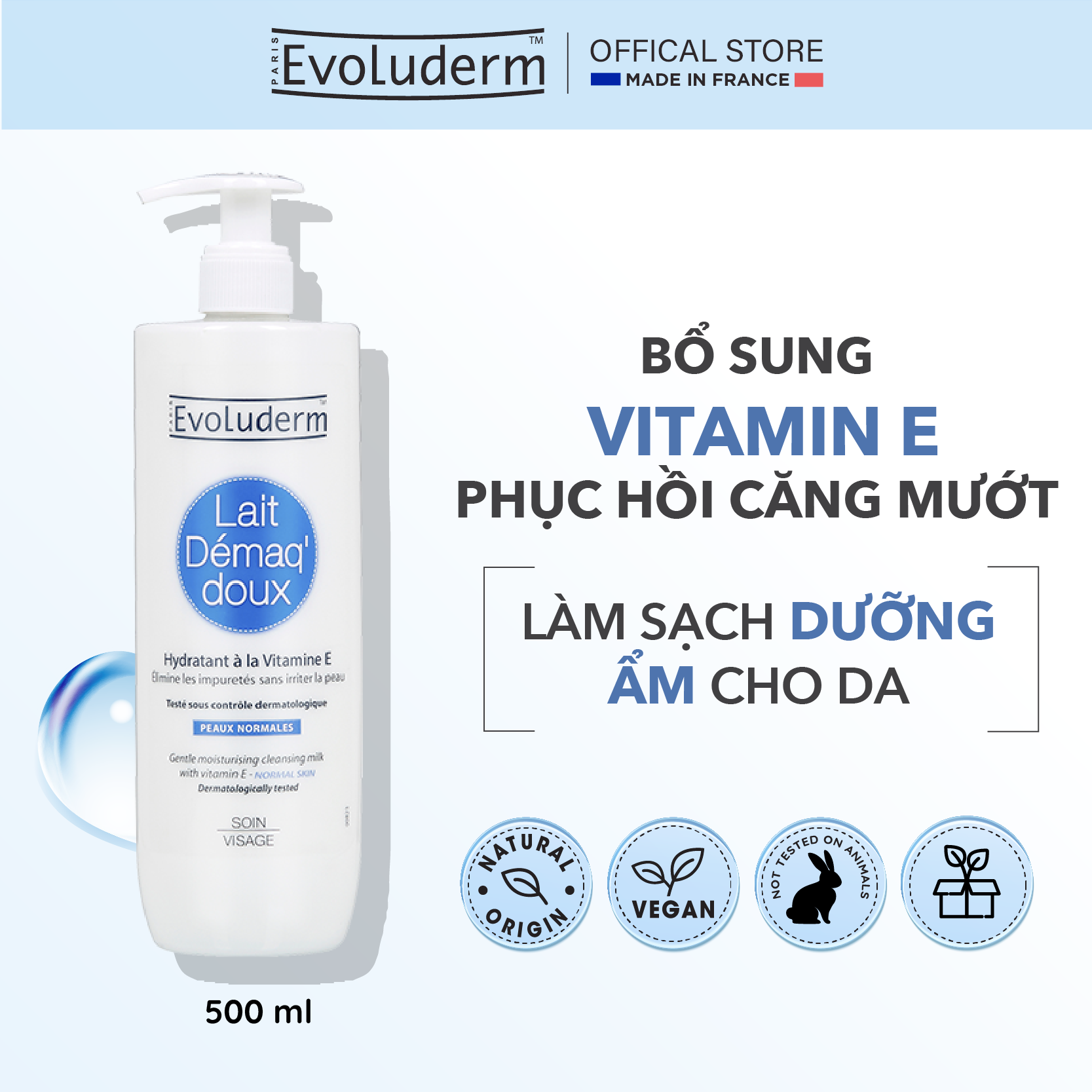 Sữa rửa mặt Evoluderm bổ sung Vitamin E giúp dưỡng ẩm và làm tươi trẻ làn da 500ml