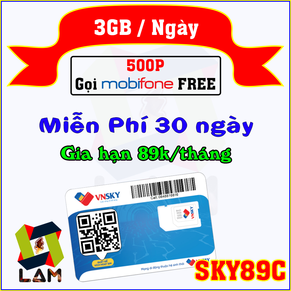 Freeship - chưa kích hoạt. sim 4g mobifone vnsky sky89c 3gb/ngày, sky99c 4gb/ngày. 500 phút free - miễn phí 30 ngày