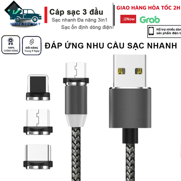Cáp sạc nhanh 3 in1 cáp từ tính, cáp dây dù, dây silicon, sạc điện thoại 3 đầu cao cấp chống nóng, chống gập, chống đứt, chống rối