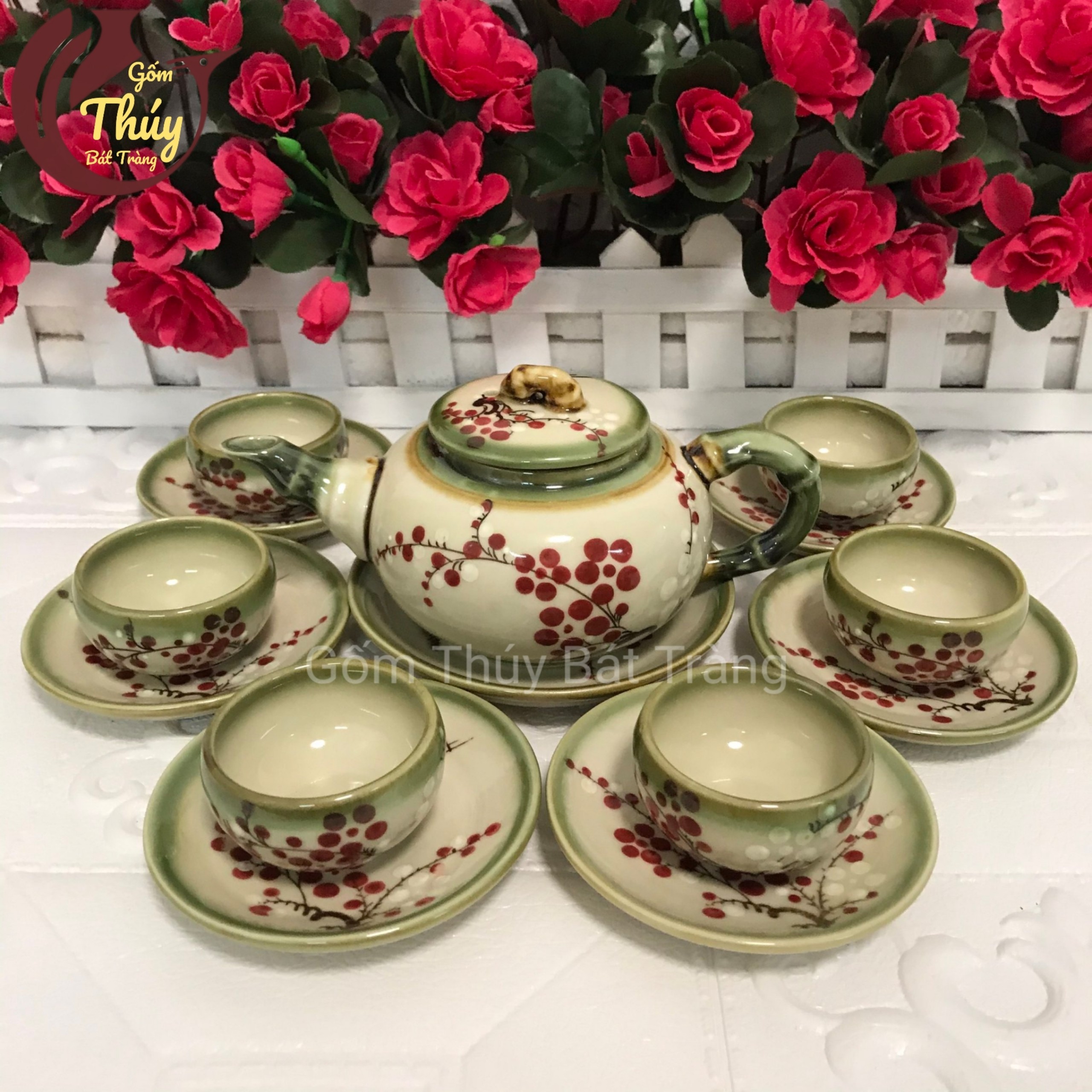 Bộ ấm chén Bát Tràng họa tiết hoa đào vẽ tay 300ml