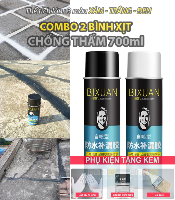 Combo 2 bình xịt sơn chống thấm trần nhà Bixuan 700ml, sơn chống thấm sàn, chống thấm mái nhà, sơn chống thấm dột sàn, bình phun sơn keo chống thấm, chống thấm sân thượng, chongtham, chong tham nha,chong tham dot