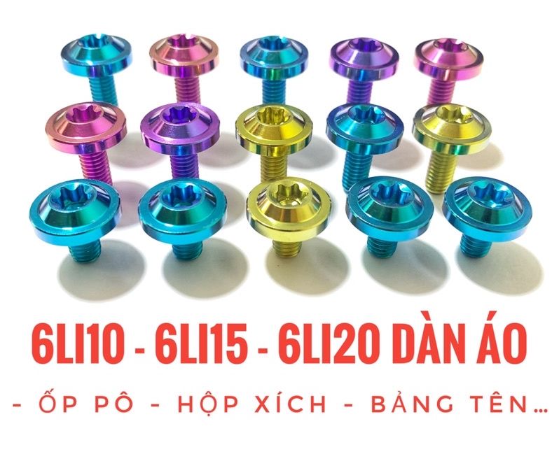 Ốc titan 6li10 6li15 6li20 dù to dày gắn dàn áo ốp pô hộp xích bảng tên