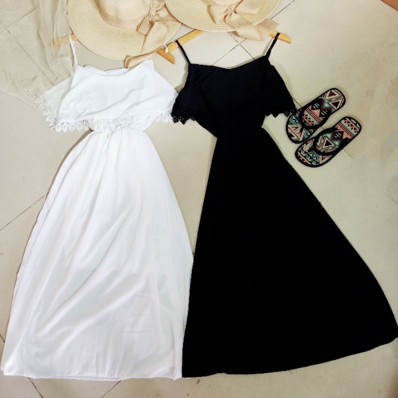 Váy maxi đi biển 2 dây Chất Voan 2 Lớp 2 màu đen trắng