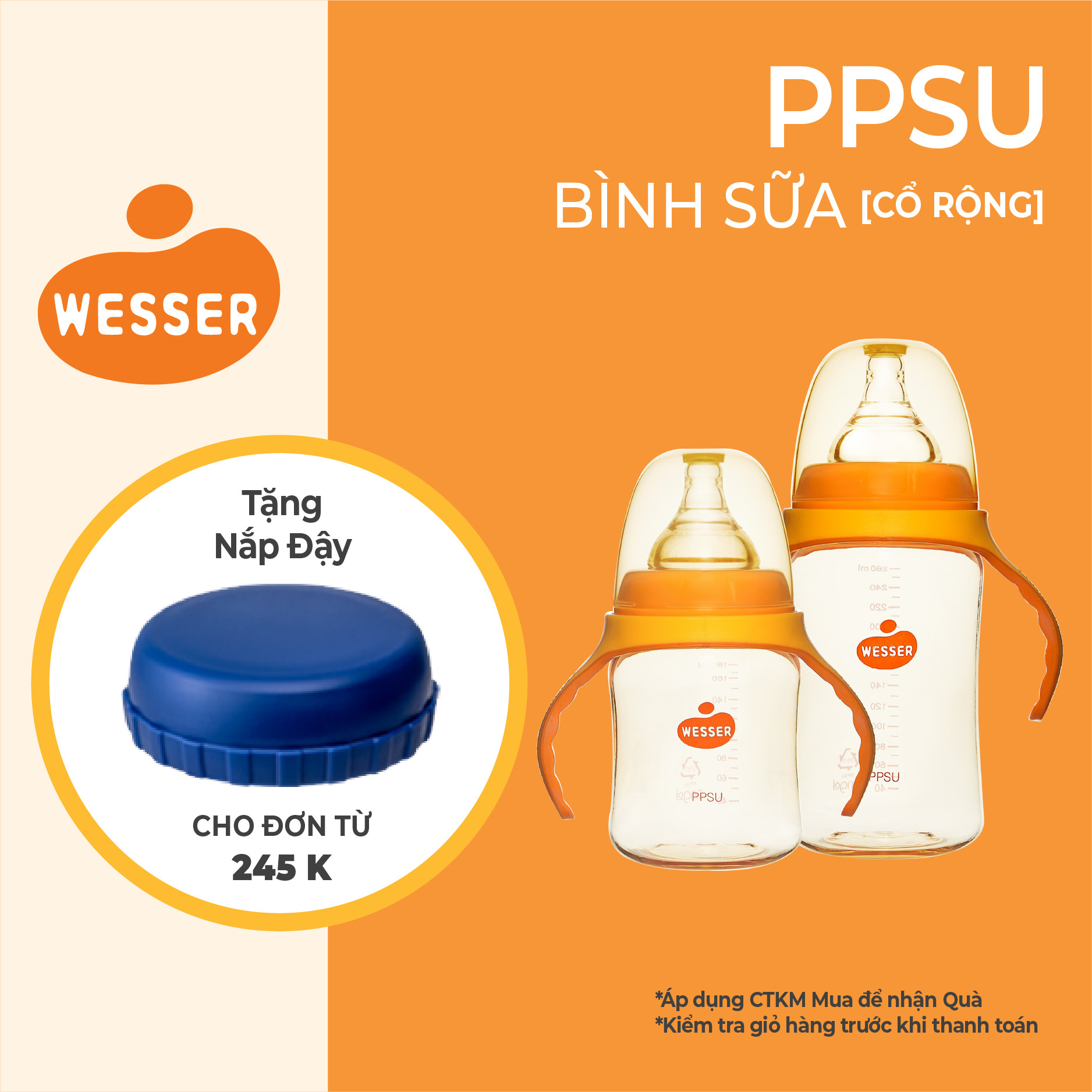 Bình sữa cổ rộng PPSU Wesser 180ml/260ml ( BAO BÌ MỚI )