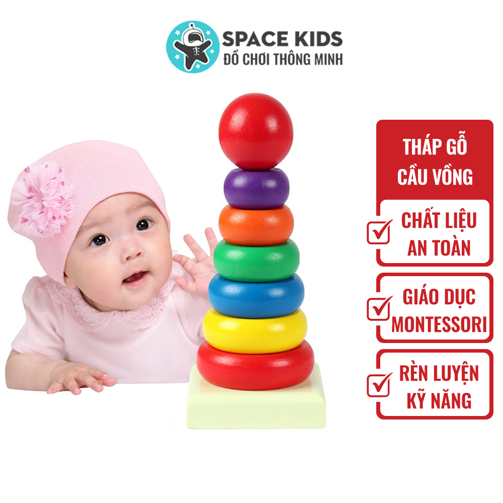 Đồ chơi cho bé trái bé gái Tháp gỗ cầu vồng thông minh giáo dục montessori chất liệu gỗ tự nhiên Space Kids