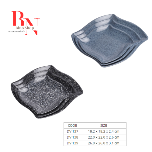 Dĩa Nhựa Vuông Melamine Vân Đá Đen/Xanh