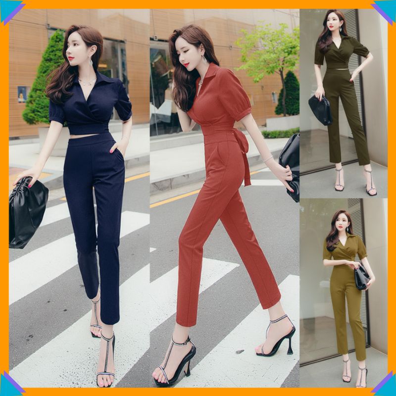 Bộ đồ nữ - Set nguyên bộ quần dài ống đứng, áo croprop thắt nơ lưng xinh xắn TJ1197