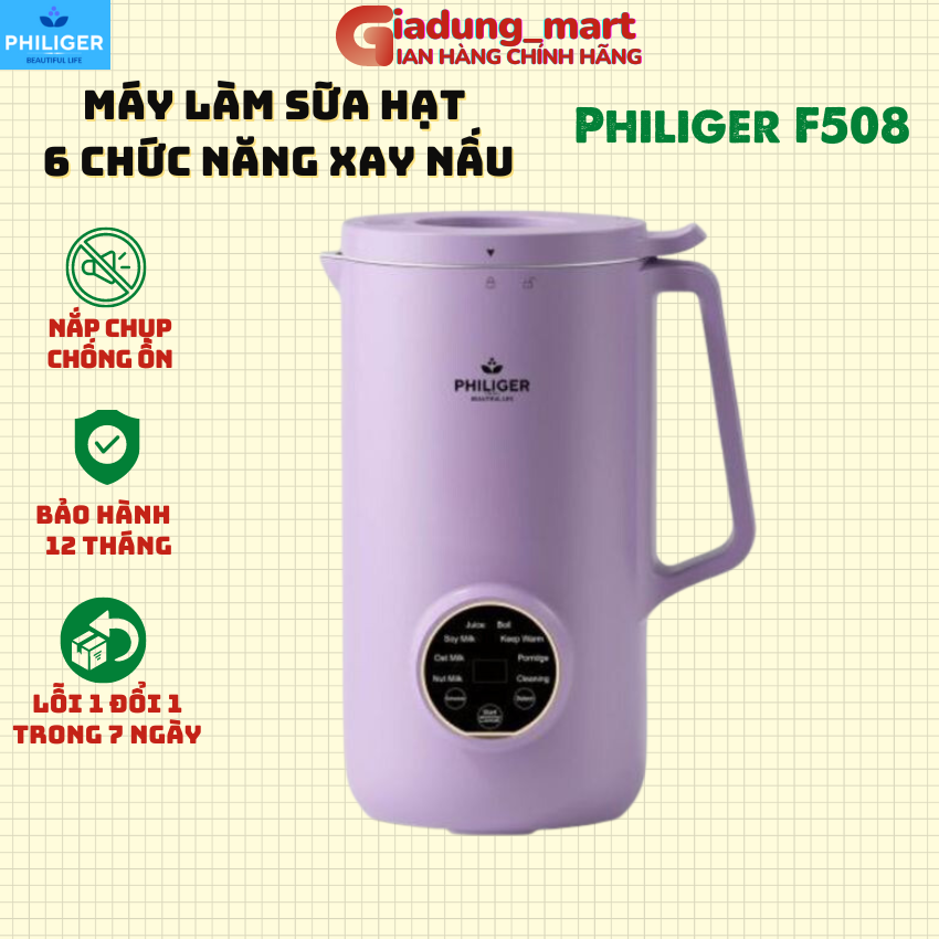 Máy Làm Sữa Hạt Philiger F508, 6 chức năng xay nấu, 6 lưỡi thép không rỉ, công suất 600w dung tích 600ml, bảo hành 12 tháng