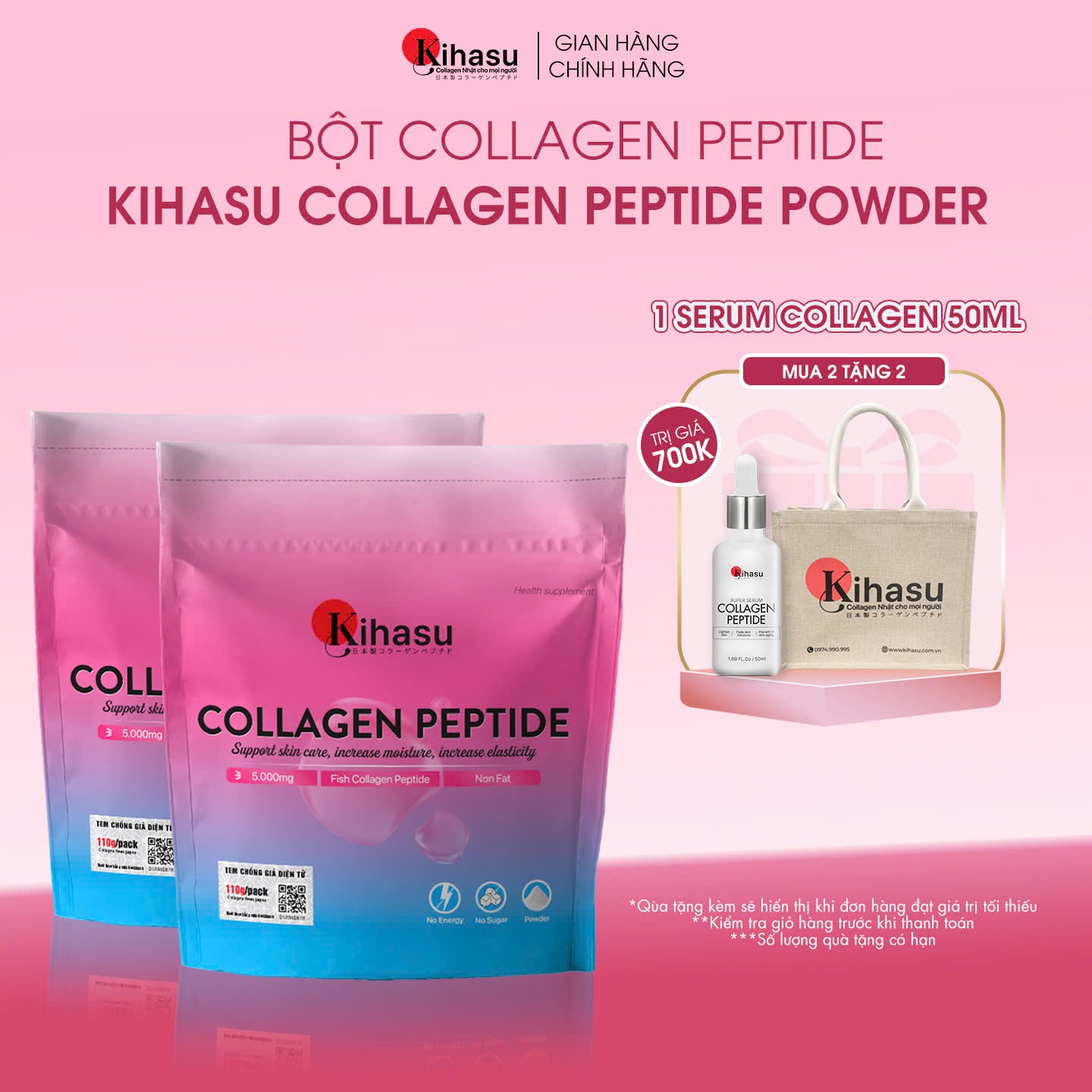 Combo 2 Túi Bột Uống Collagen Kihasu Nguyên Chất 100% Nuôi Dưỡng Và Cấp Ẩm Cho Da, Duy Trì Làn Da Trắng Mịn, Đàn Hồi, Làm Chậm Quá Trình Lão Hóa