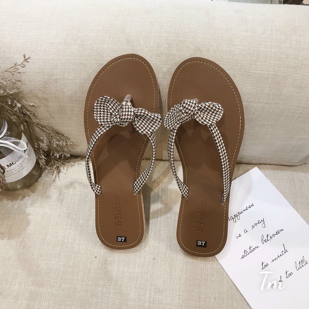Dép tông/ dép xỏ ngón nơ kẻ caro sang chảnh size 35-39