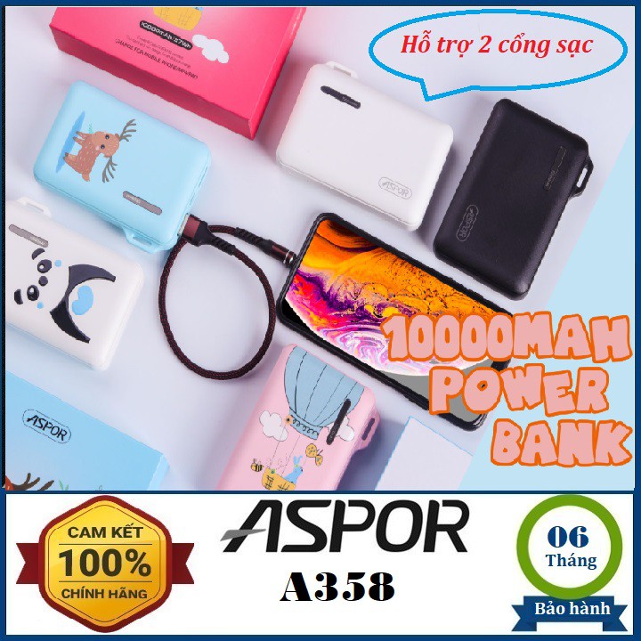 Sạc Dự Phòng ASPOR A358 10000 mAh/3.7V Pin Li-Polymer ,Kiểu dáng Kute Sành điệu 2 cổng USB hỗ trợ sạc 2 điện thoại.