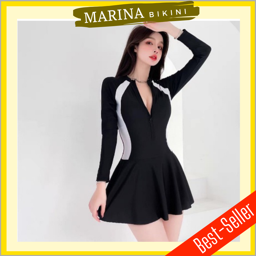 Bikini liền thân đồ bơi nữ váy xòe áo khóa zip kéo tay dài phối trắng Marina053