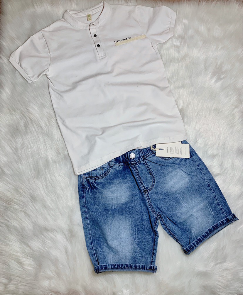 Set jean bé trai, áo thun cổ trụ lịch lãm, size 28-36kg