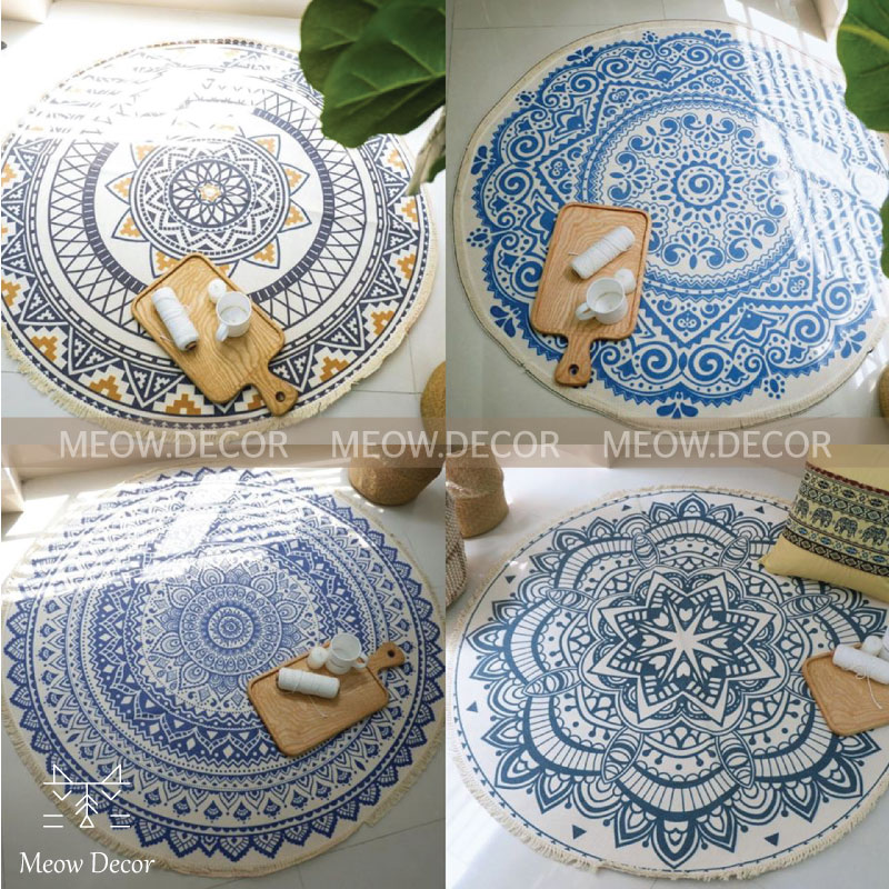 Thảm trải sàn hình tròn vintage hoạ tiết thổ cẩm phong cách boho trang trí nhà cửa, homestay, quán cafe (T01)