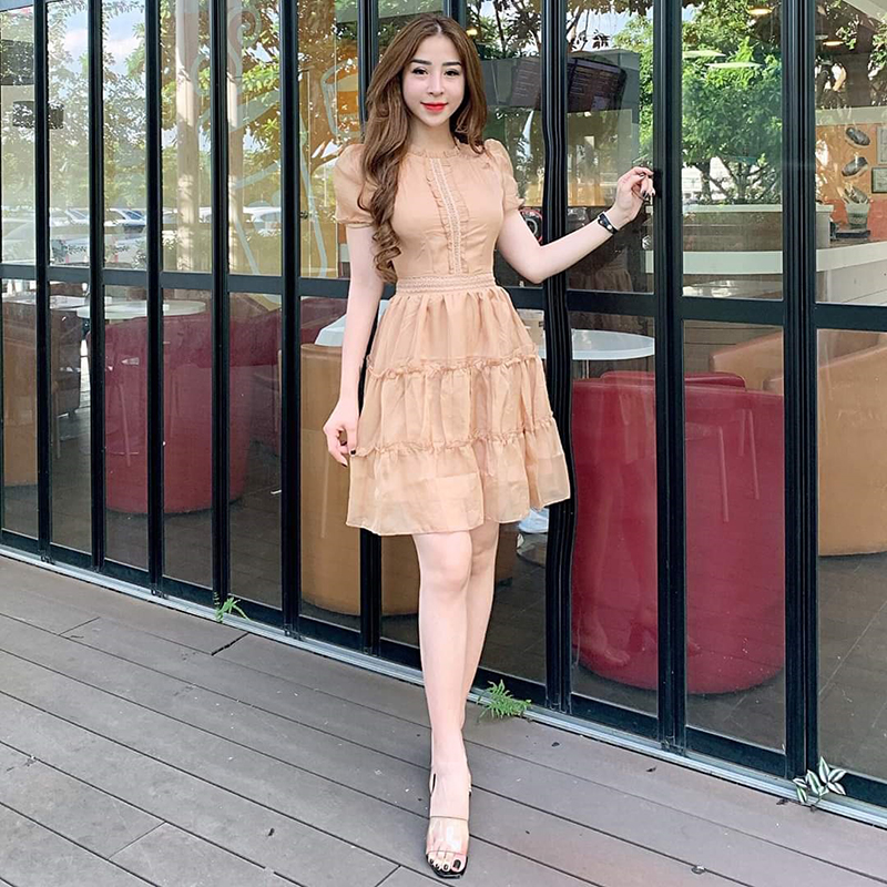 [HCM][ Dự tiệc công sở ] Đầm váy xòe thời trang PT Shop - Kiểu phối ren 3 tầng - Chất liệu Chéo Lụa - Onesize từ 42 - 55kg