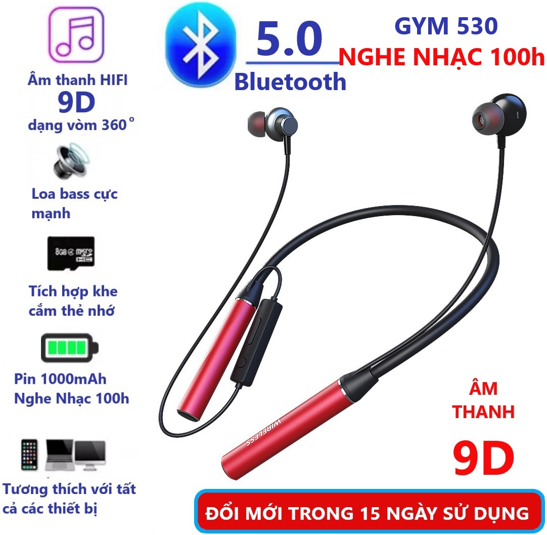 Tai Nghe Blutooth GYM 530. Pin  1000 mAh. Nghe Nhạc 100h,Hỗ Trợ Kết Nối thẻ Nhớ Ngoài. Âm Than 9D Nghe Nhạc Đỉnh Cao, Tai Nghe Bluetooth Kiểu Dáng Đẹp