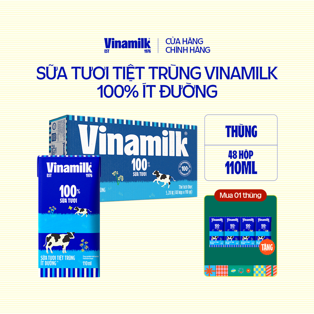 [TẶNG 1 LỐC] Thùng 48 sữa tươi tiệt trùng Vinamilk 100% ít đường 110ml