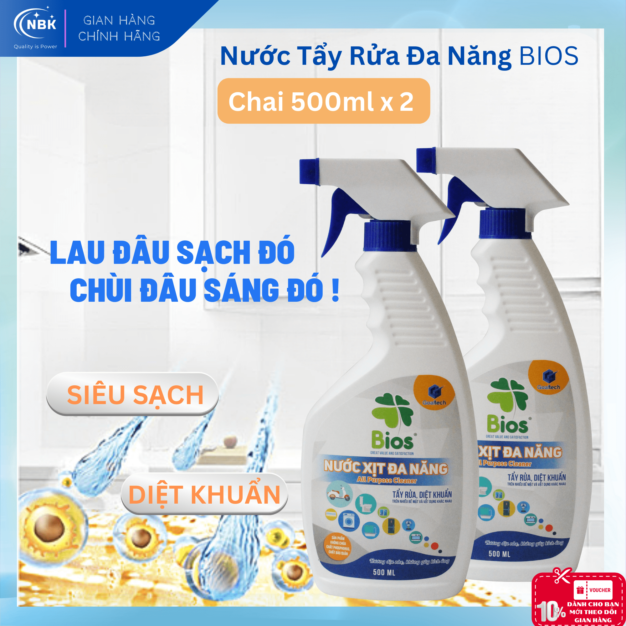 Bộ 02 chai Nước Tẩy Rửa Đa Năng BIOS (02 chai x 500ml) - Chất Tẩy Rửa Đa Năng Chuyên Dụng - Dung dịch lau bếp/ vệ sinh bếp/ tẩy dầu mỡ/ tẩy cặn canxi nhà tắm/tẩy dầu mỡ máy hút mùi/làm sạch tường ốp/sàn nhà