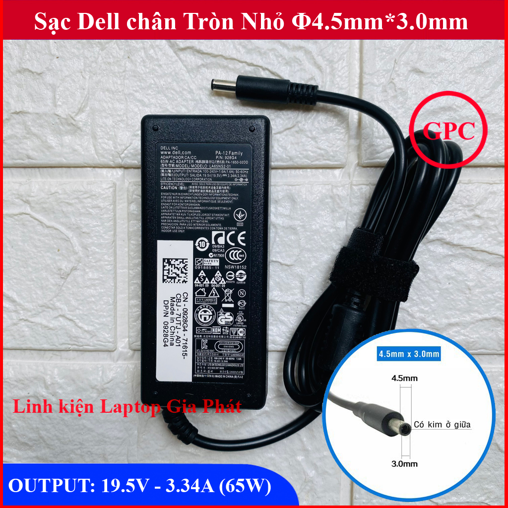 Sạc Laptop Dell 19.5V - 3.34A - 65W Chân Kim Nhỏ đường kính đầu sạc 4.5mm (ký hiệu Φ4.5x3.0mm)