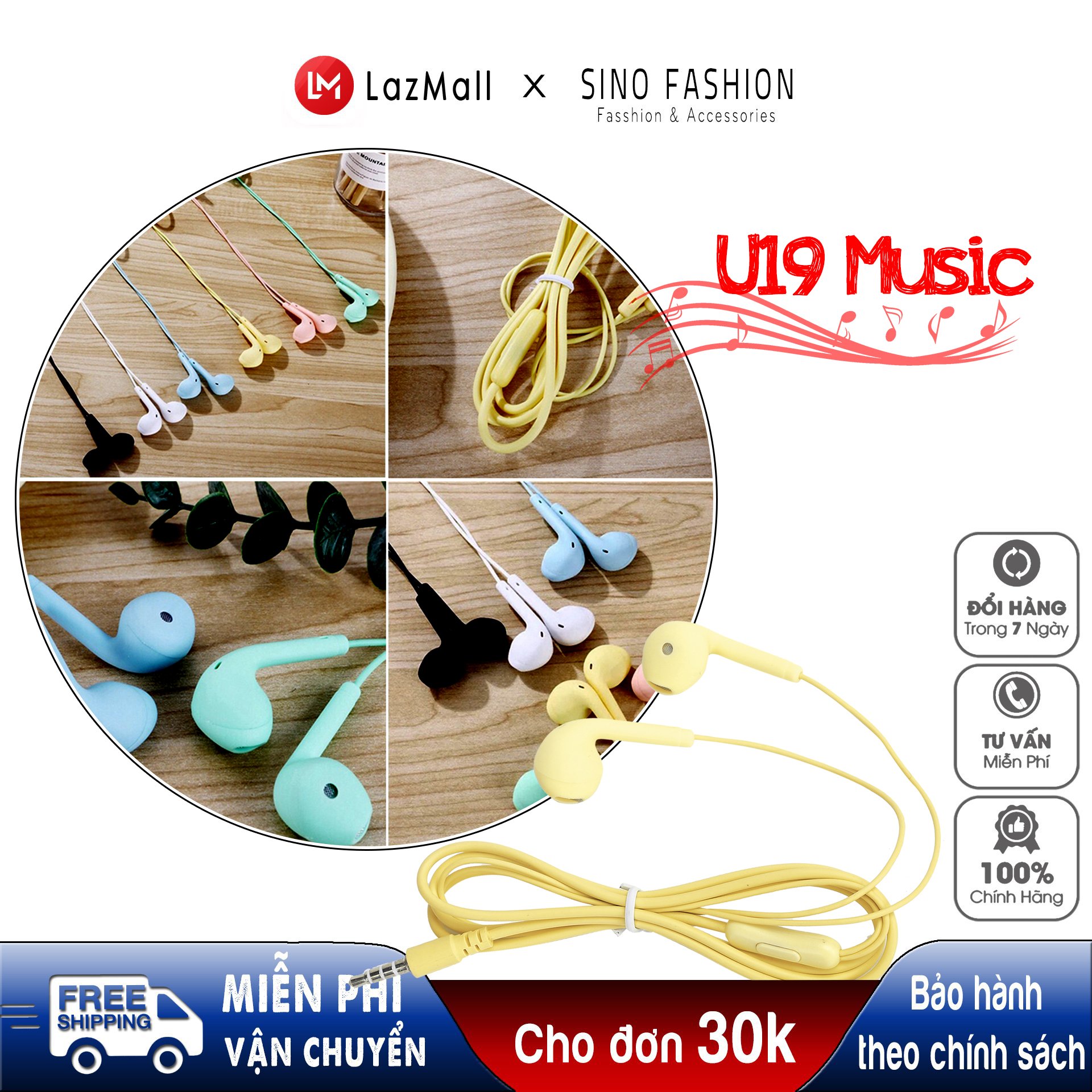 Tai nghe nhét tai U19 giắc cắm 3.5mm dành cho điện thoại chống nước pass chuẩn nghe êm hỗ trợ đàm thoại