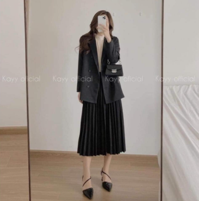 Chân váy xếp ly dài Cạp chun ĐEN