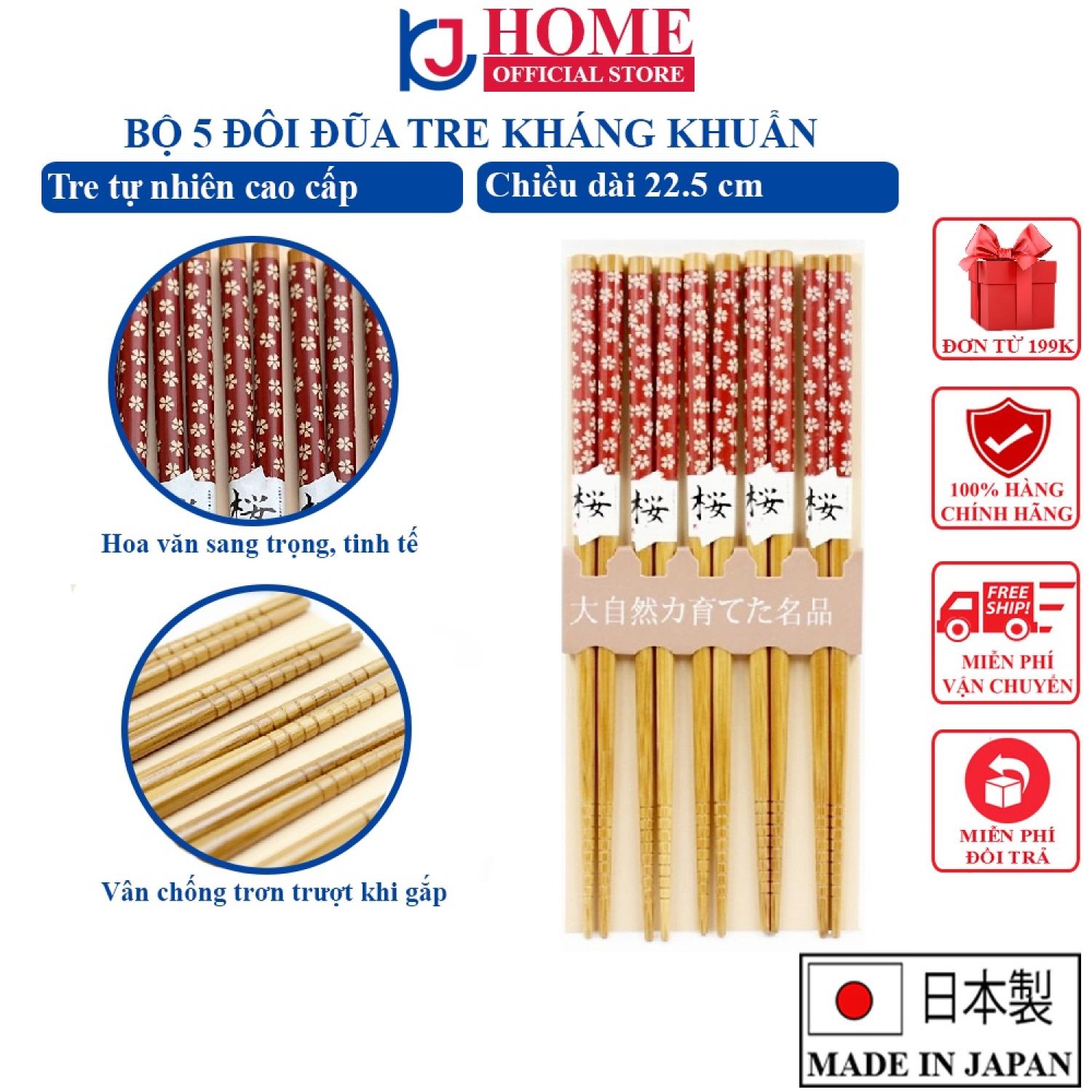 Bộ 5 đôi đũa mẫu hoa đỏ nội địa nhật bản - kj home
