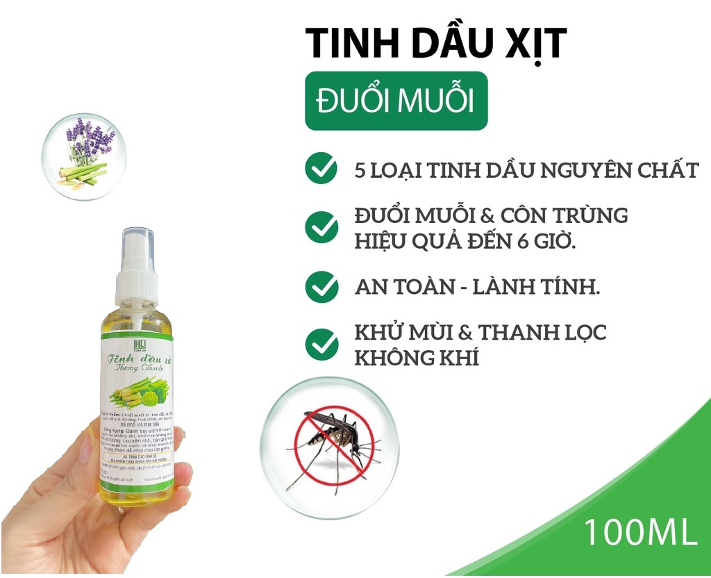 Tinh dầu đuổi muỗi thơm phòng hương sả chanh dạng chai xịt cỡ Lớn 100ml