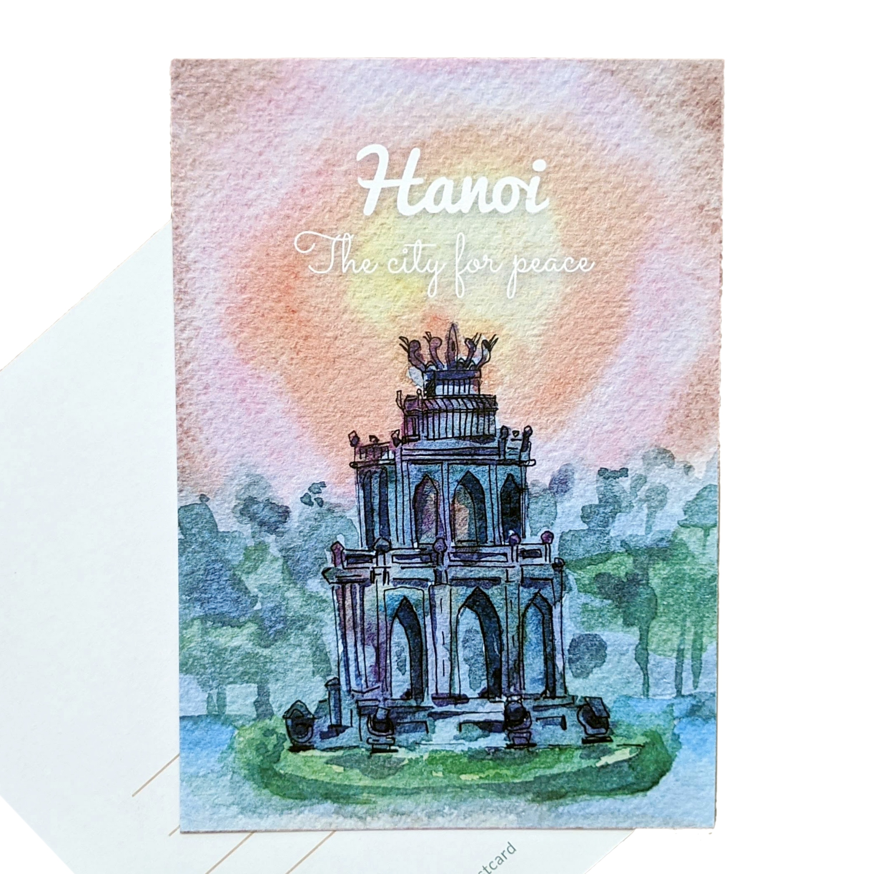 Bưu thiếp "Việt Nam" Hà Nội. Tháp rùa. Hồ hoàn kiếm. Hoàng hôn Hà Nội. Làm thủ công bưu thiếp màu nước gốc trên giấy màu nước. Minh họa màu nước. Một món quà từ Việt Nam