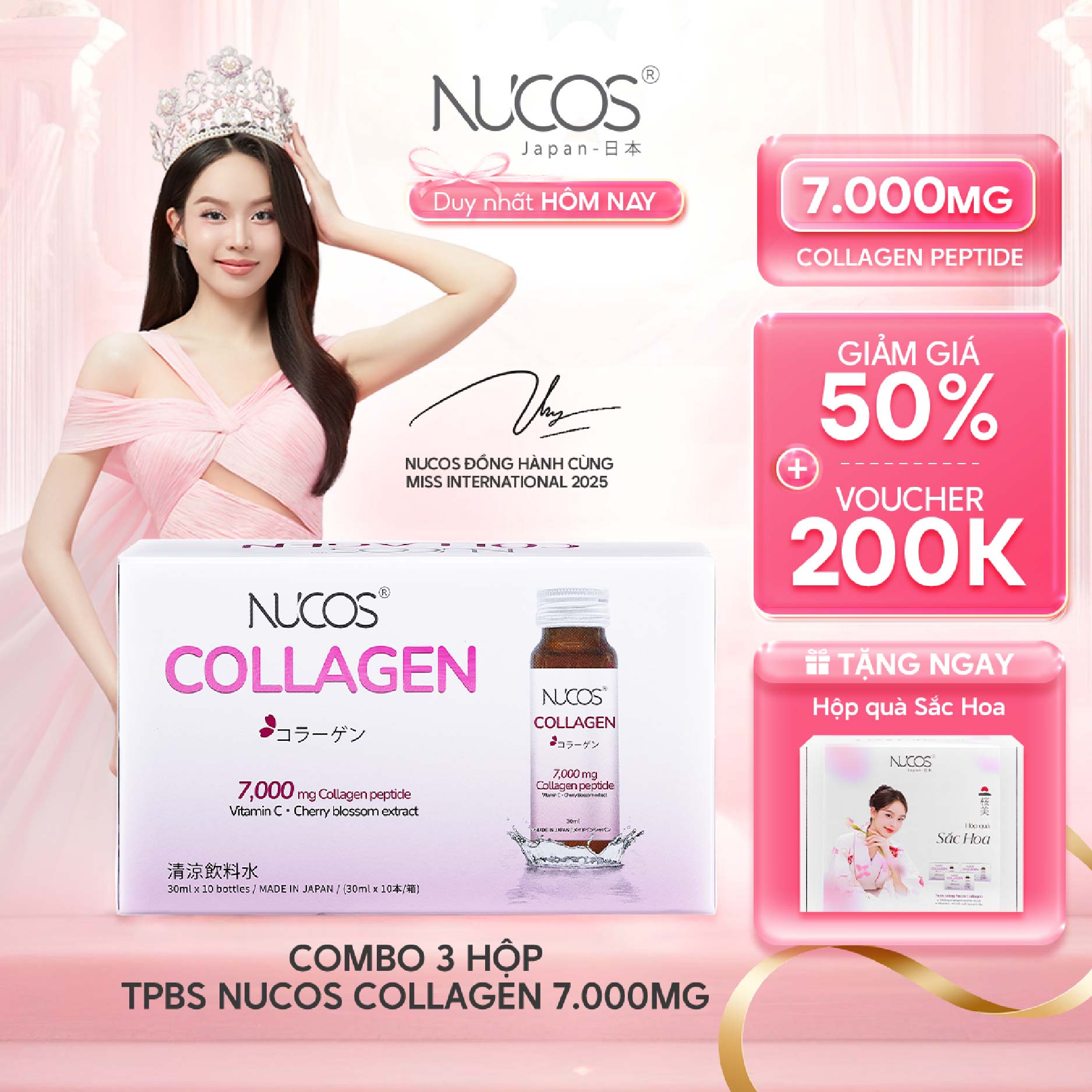 Combo 3 hộp TPBS Nước Uống Collagen Nucos 7000 10 chai x30ml