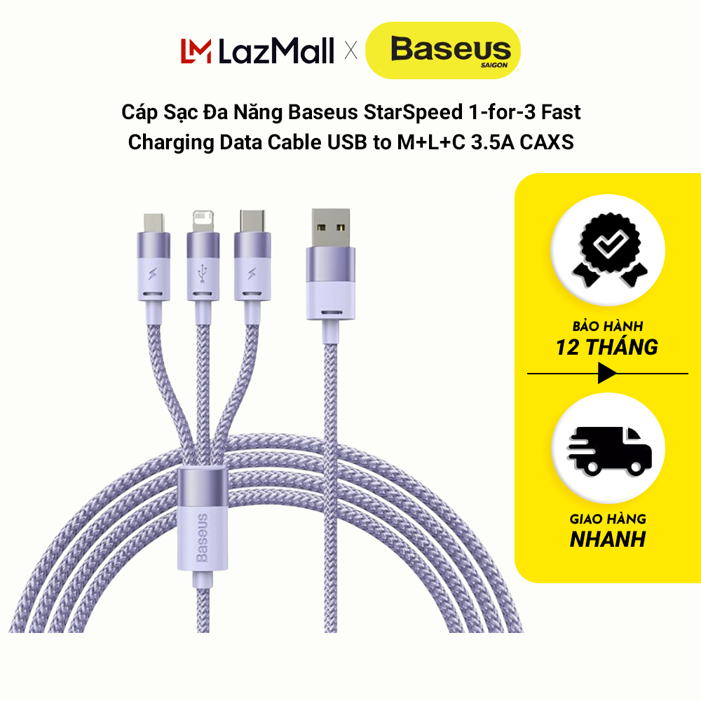 Cáp Sạc Đa Năng Baseus StarSpeed 1-for-3 Fast Charging Data Cable USB to M+L+C 3.5A CAXS