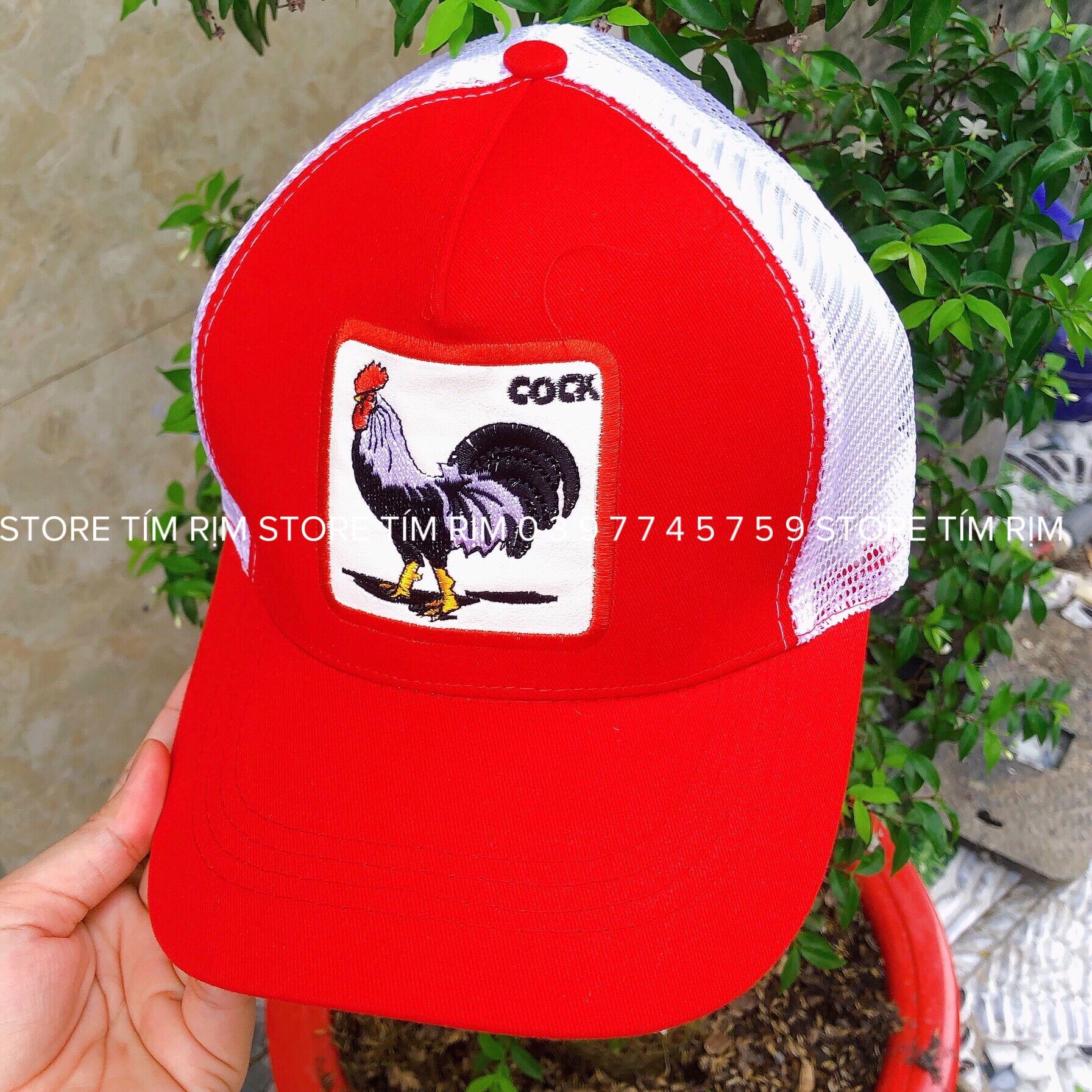 Nón kết vá da thêu logo con gà thời trang, mũ lưỡi trai con gà màu đỏ siêu đẹp