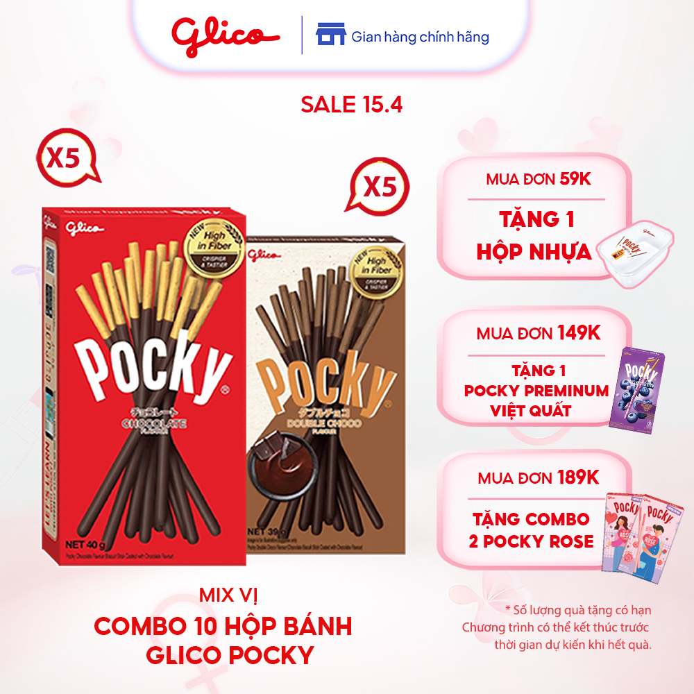 Combo 10 Hộp Happy Set C Bánh Que Phủ Kem Glico Pocky 5 Chocolate- 5 Double Choco