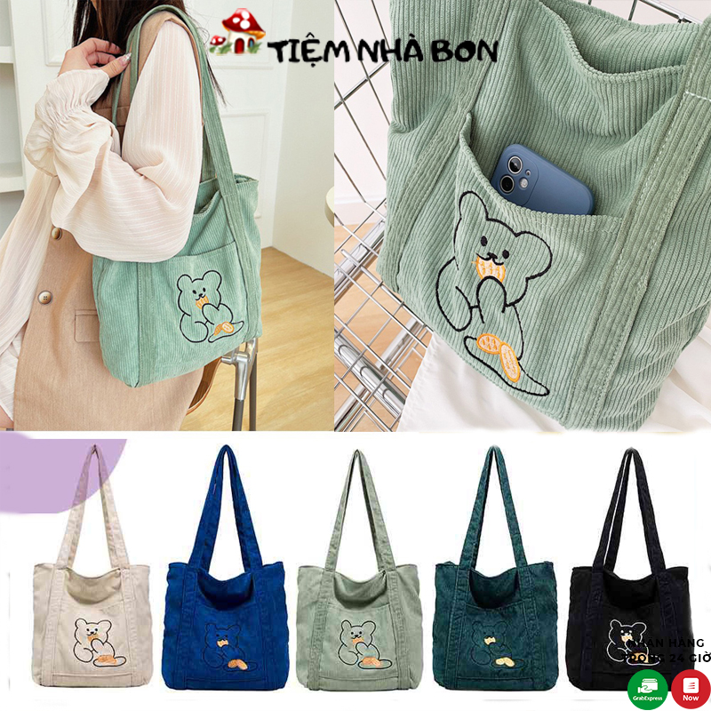 Túi tote vải nhung gân có khóa kéo thời trang Hàn Quốc, Túi vải nữ đeo vai kèm ngăn phụ đi học đi chơi