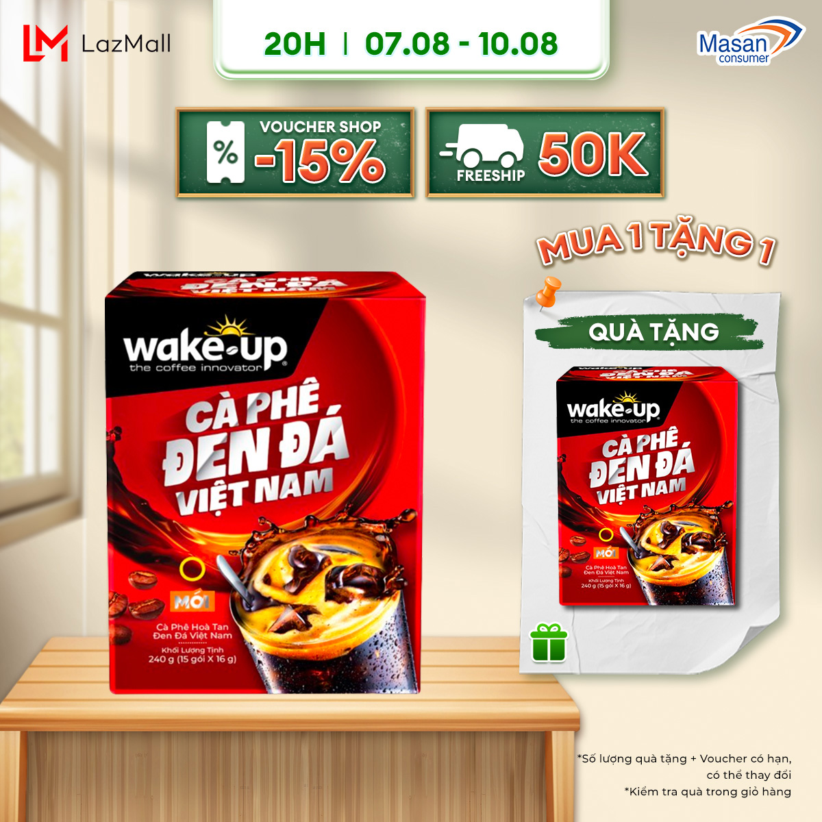 Wake-up cà phê hòa tan đen đá việt nam - hộp 15 gói x 16g