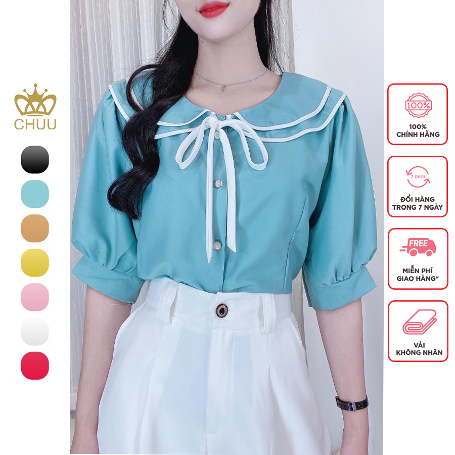 Áo sơ mi công sở nữ kiểu cổ sen 2 tầng cột nơ chuu a6747
