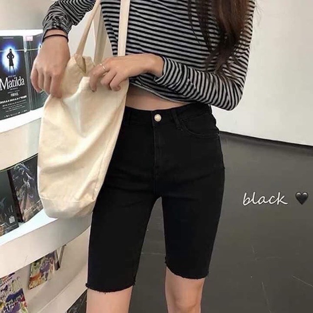 Quần Jeans Ngố Lửng Nữ Chất Bò Giấy Co Giãn Thoải Mái 2 Màu Đen Và Trắng - Quần Ngố Nữ