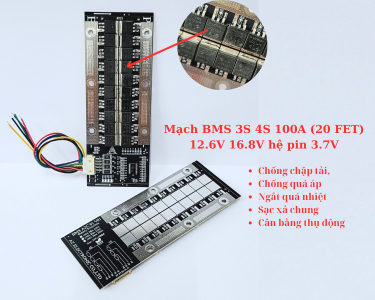 Mạch bms 3s 4s 100a pin 3.7v có chống chập tải, sạc xả chung pvn23021