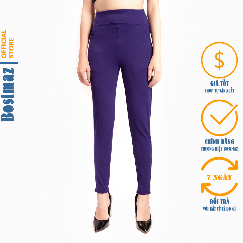 Quần Legging Nữ Bosimaz MS117 dài túi trước màu tím cao cấp thun co giãn 4 chiều vải đẹp dày thoáng mát không xù lông.