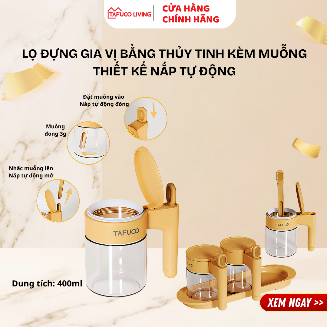 Lọ, Hũ đựng gia vị TAFUCO bằng thủy tinh kèm muỗng, có nắp thiết kế cơ chế tự động đóng mở, dung tích 400ml
