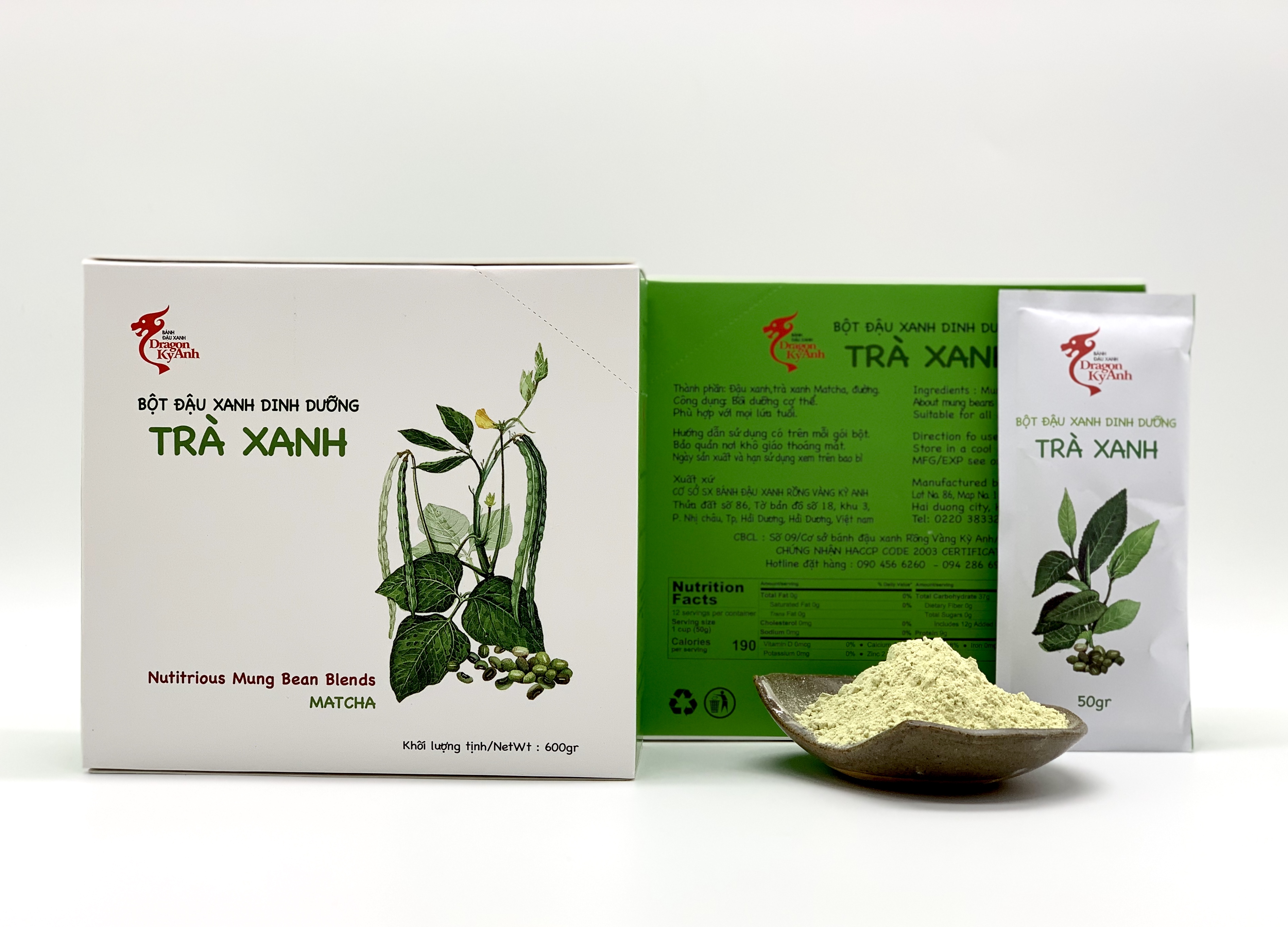 Bột đậu xanh vị trà xanh Matcha (12 gói x 50gr) Rồng Vàng Kỳ Anh - Đặc sản Hải Dương