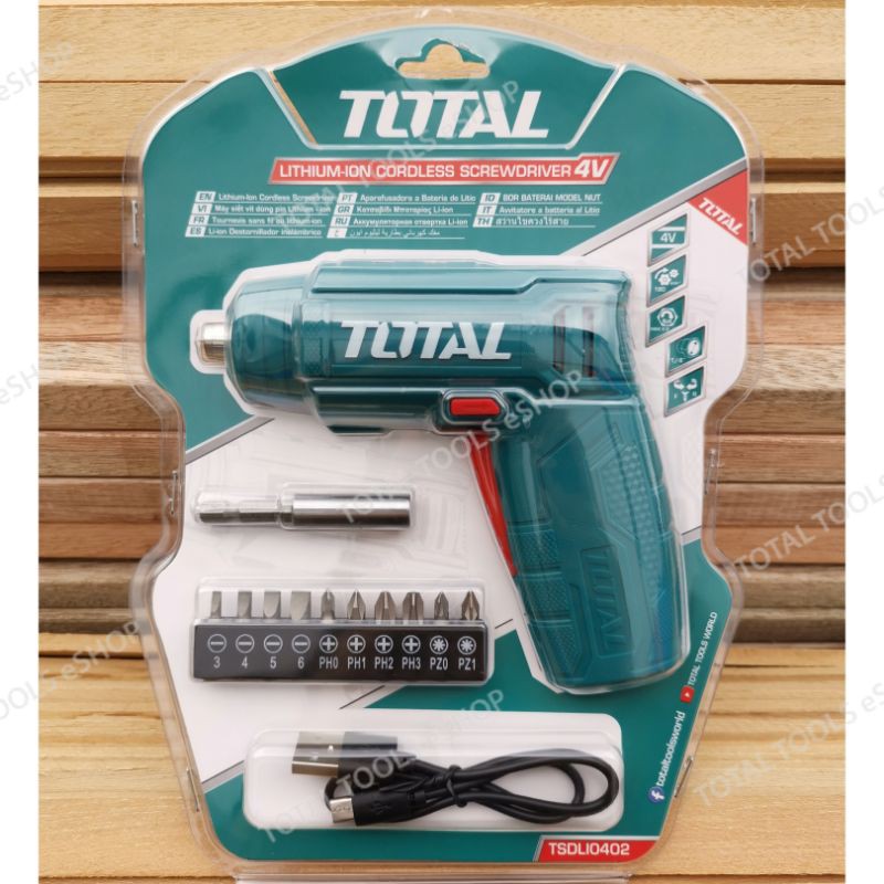 Máy bắn vít mini dùng pin 4v total tsdli0402 đầu lục giác 1/4'', tốc độ 180v/p, lực xoắn 4nm, đèn led chiếu sáng